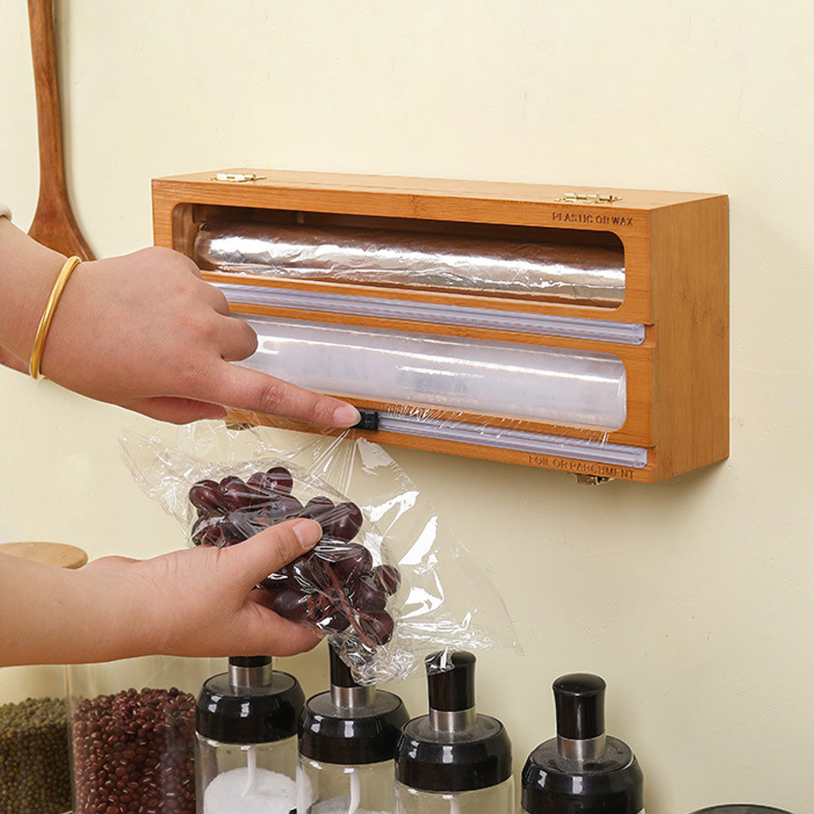 Heißer 3 in 1 Kunststoff wickeln Spender mit Cutter Lebensmittel wickeln Frischhaltefolie Lagerung Organizer Acryl Folie Organizer für Küche Schublade