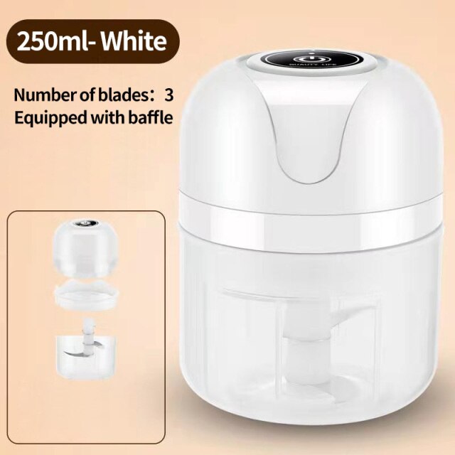 Electric Food Masher Mini Vegetable Chopper Chili Meat Ginger Masher USB Rechargeable Blender Kitchen Gadgets: White 250ML