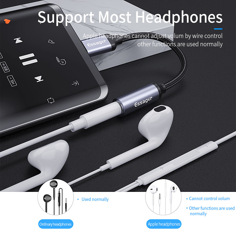 Essager Adapter USB Type-C do 3,5 mm Jack żeński do słuchawek Zestaw słuchawkowy typu C do 3,5 mm Aux Kabel audio do Xiaomi Samsung Huawei