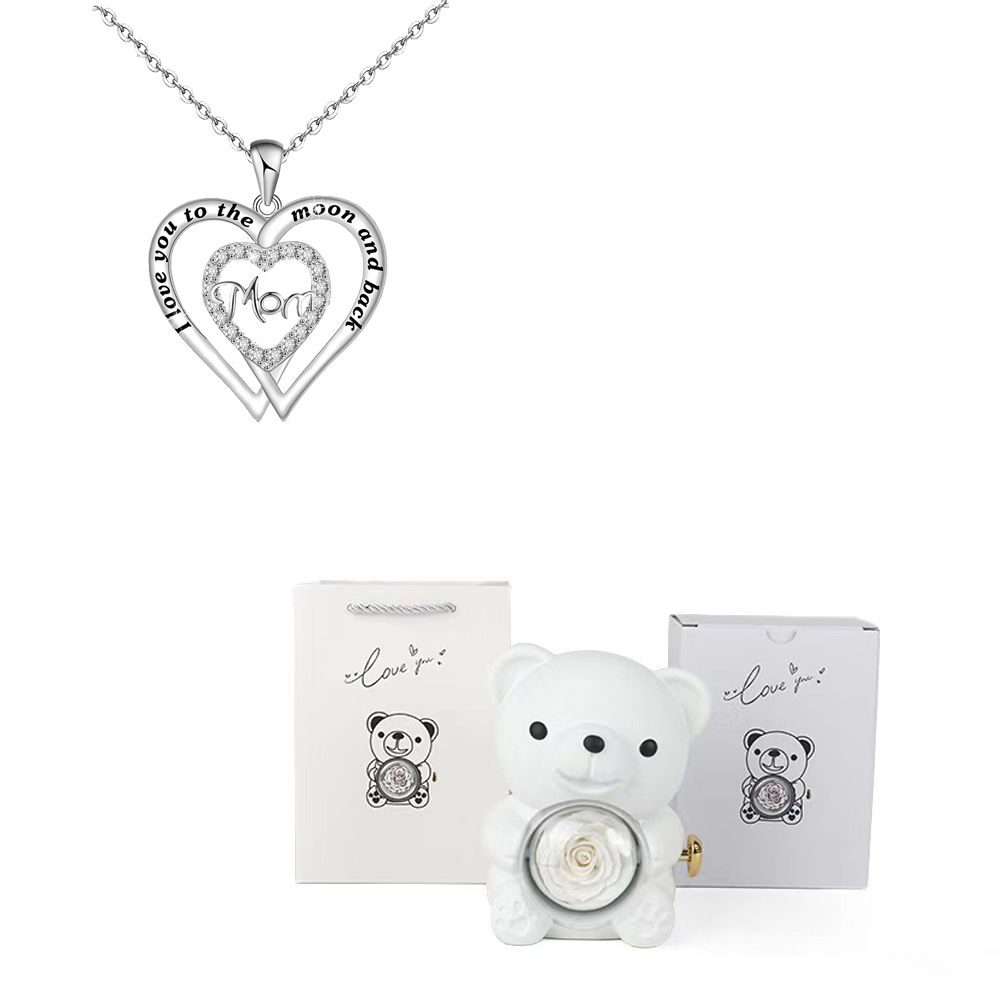 Collares con colgante de mamá de circón en forma de corazón con caja de de flor rosa de oso bonito adecuada para Navidad Día de la madre sorpresa romántica: Color amarillo claro