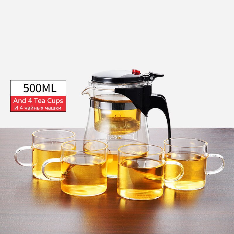 Tekanna värmebeständigt glas te krukor te infusionsanläggning kinesisk kung fu te uppsättningar vattenkokare kaffeglas tillverkare bekvämt kontors te set: 500ml och 4 tekoppar