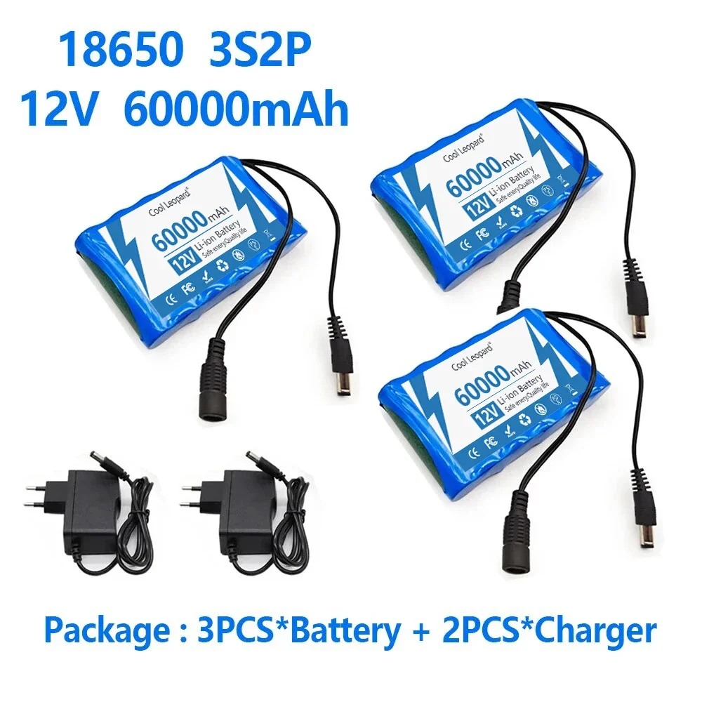 18650 12V Rechargeable Battery Portable 60000mAh 3S2P Lithium Ion Battery Pack For Electronic Types LED Lamp Light Backup Power: GRAY