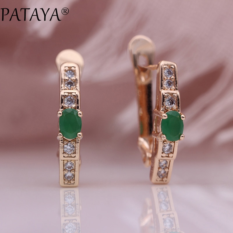 PATAYA Oval Green Earrings Women Wedding Cute Fine Jewelry 585 Rose Gold Multicolor Natural Zircon Dangle Earrings