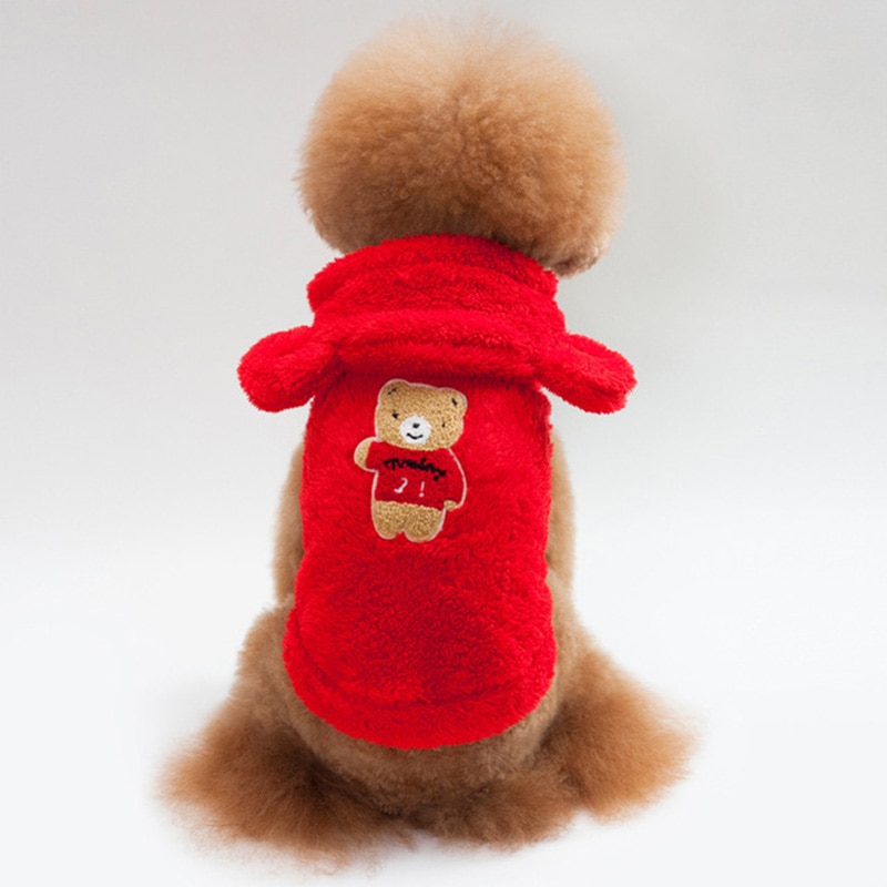 Fransk bulldog husdjurskläder vinter hund dräkt mjuk flanell valp kläder för hund kappa mops björn öra hund kläder husdjur produkter: Röd / L