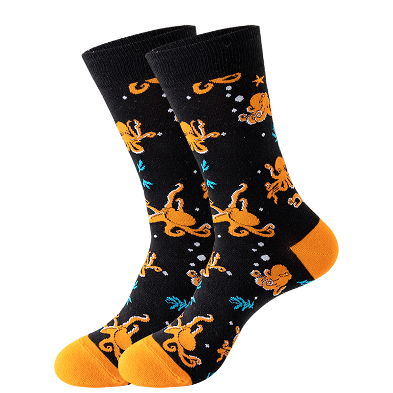Nuevos calcetines de para hombre Harajuku japonés calcetines de dibujos animados felices caballito de mar cangrejo camarones calcetines de Coral tendencia medias masculinas calcetines divertidos: Azul amarillo