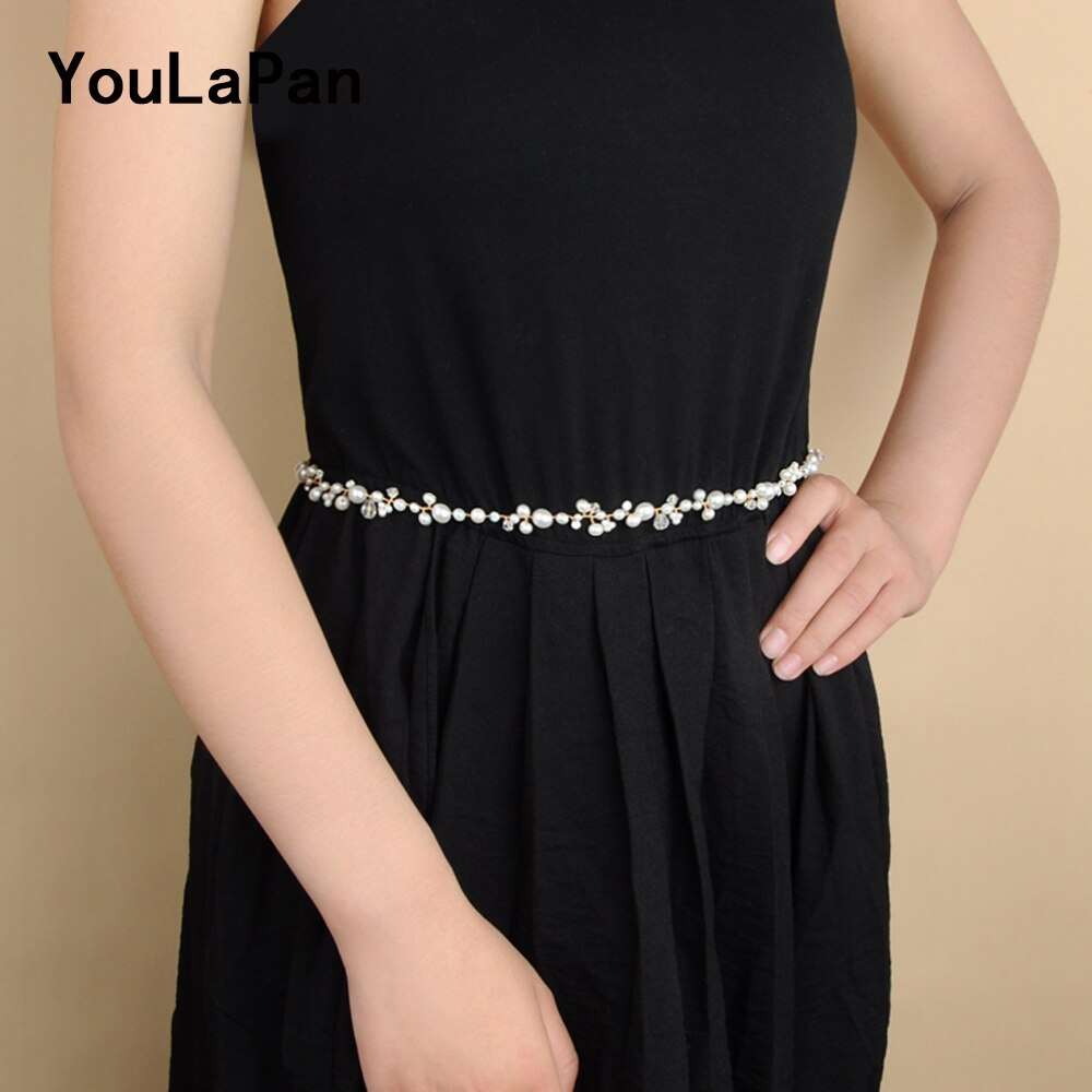 YouLaPan SH03-G Jeweled Bridal Belt Trim Crystal Wedding Ivory Sash Belt Ribbon Sash Belt Thin Bridal Crystal Belt for Bride