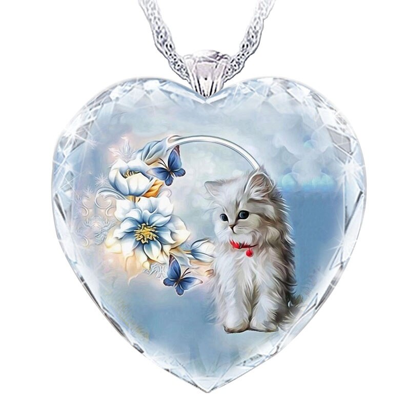 15 Popular Cat and Dog Heart-Shaped Cat and Dog Crystal Glass Pendant Necklaces for Women&#39;s Party Accessories On The Neck: 363