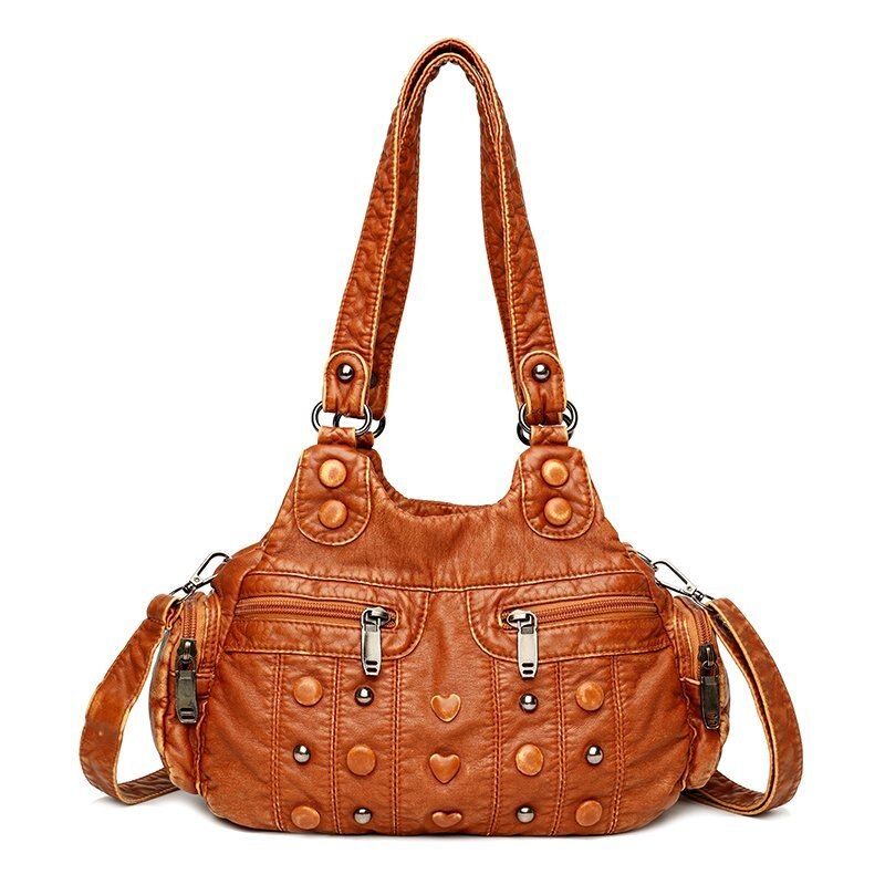 Vasket pu læder håndtaske damer daglig taske håndtaske stor kapacitet skuldertasker pung damer: Brun
