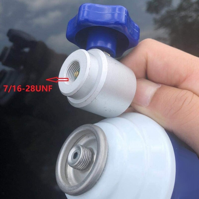 Aire acondicionado de R134A AC refrigerante 7 / 16-28 Fundación roscado abrelatas de botella con 1/4 pulgadas SAE x 1/2 pulgadas
