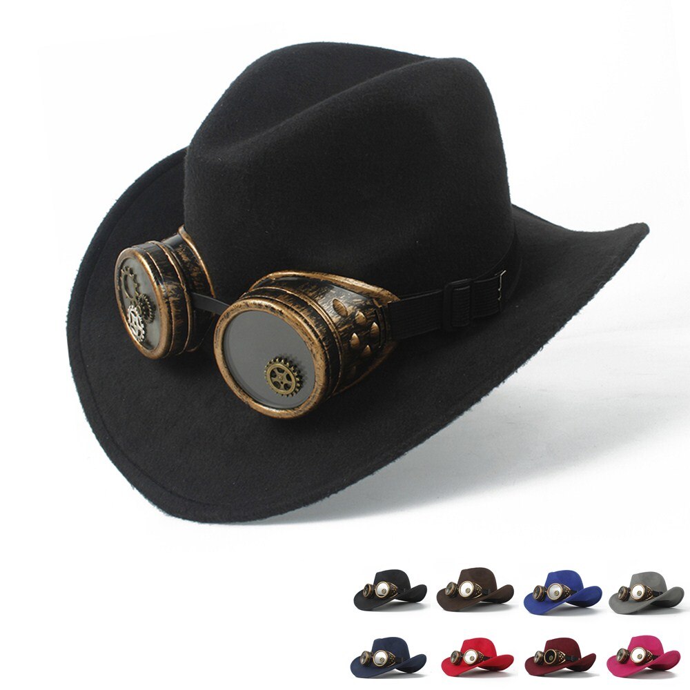 Sombrero de vaquero Steampunk para Hombre y mujer, Sombrero de lana con agujeros en el exterior, estilo occidental, Jazz, talla 56-58