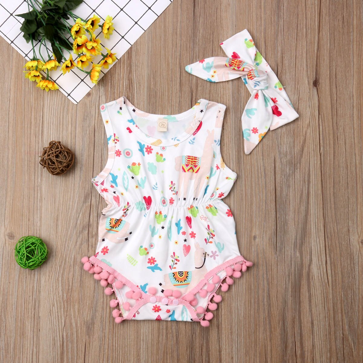 Neue Neugeborenen Kleinkind freundlicher Baby Mädchen Junge Alpaka Bodys Quaste Ball Ärmelloses Drucken Elastische Taille Sommer Overall