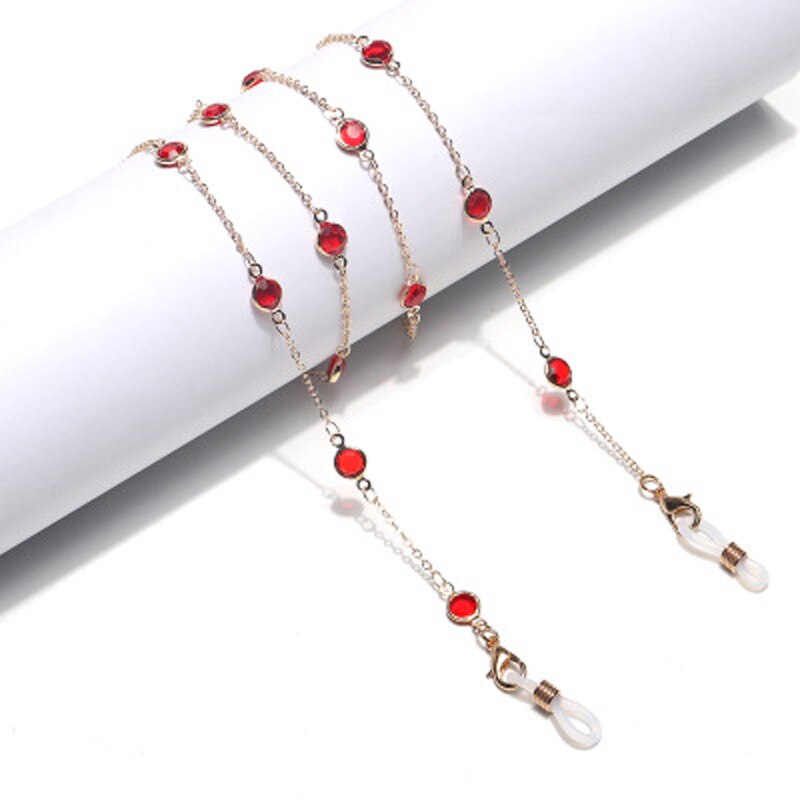 Glasses Chain Alligator Clip Crystal Sunglasses Glasses Lanyard Mask Glasses Chain Dual-use Personality Handmad: crystal red