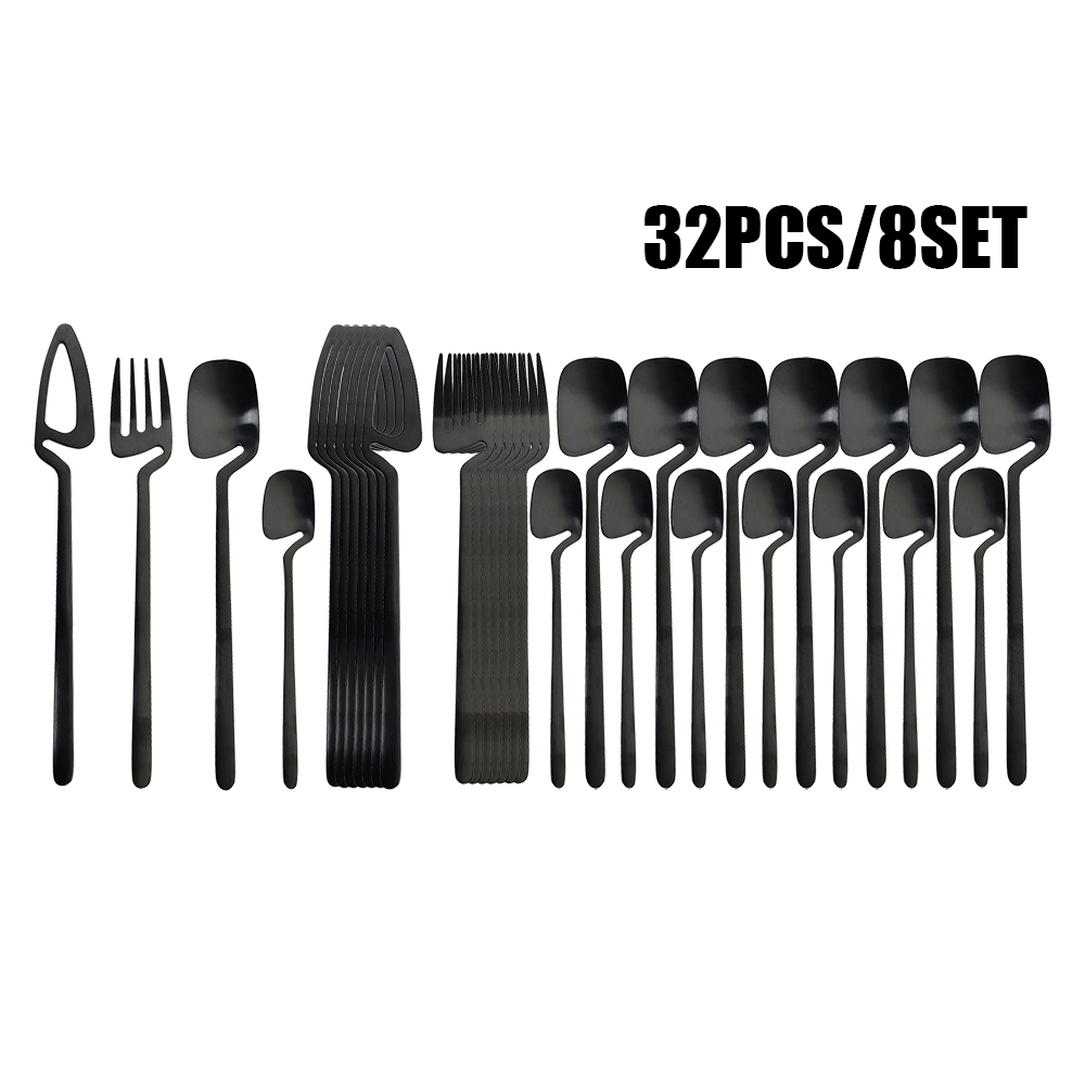 32 deler svart matt bestikksett 304 stk. rustfritt stål servisesett kniv gaffel skje middagssett bar fest kjøkken servise