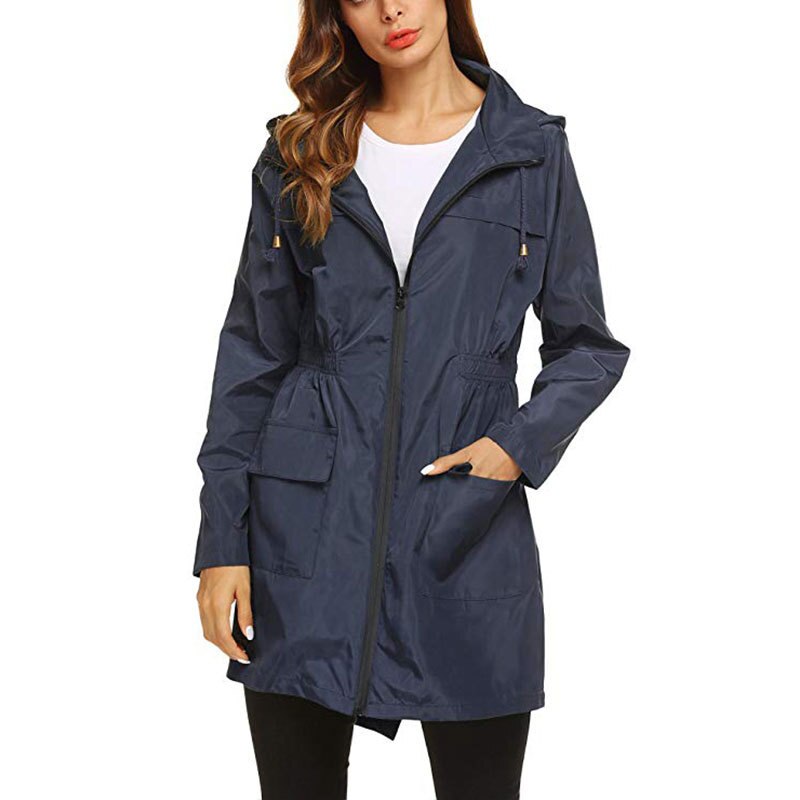 Trench manteau à capuche pour femmes femmes imperméable à l'eau léger imperméable dames coupe-vent en plein air mince alpinisme Sport Outwear automne: Navy / L