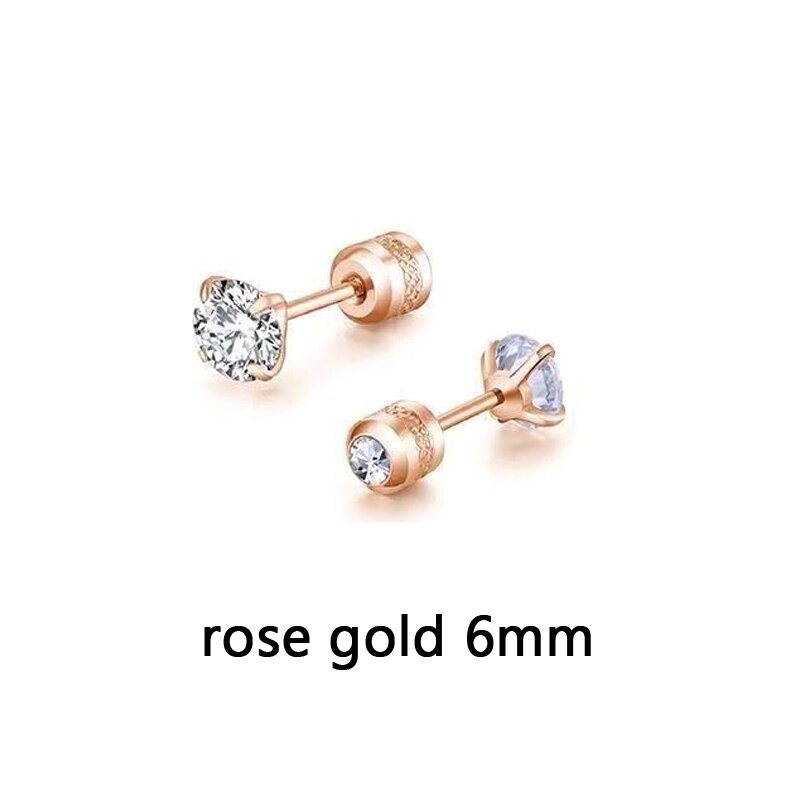 1 Pair 3-6mm Stud Earrings Set Hypoallergenic Double Round Cubic Zirconia Stainless Steel CZ Girls Women Earrings: rose gold 6mm