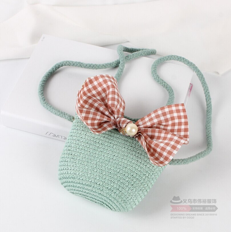 Ragazze dei capretti di Paglia Dovrebbe Sacchetto di Crossbody Borsa con bel Fiocco Fatto A Mano Puro di Tessitura di Spalla Sacchetto Della Spiaggia di proprietà Della Perla Della Chiusura Lampo Della Borsa