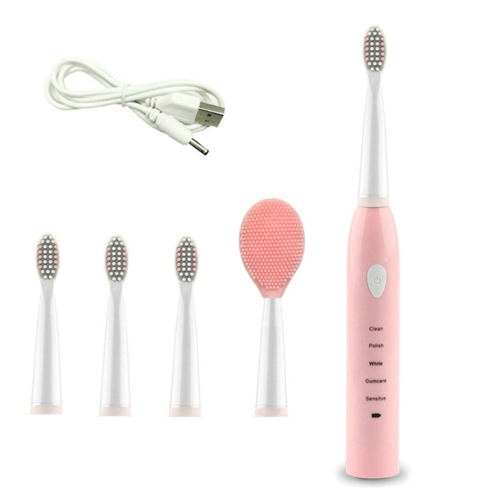 Brosse à dents électrique sonique 2 en 1, nettoyage du visage, charge USB, soins dentaires multifonctions, blanchiment buccal: Rose
