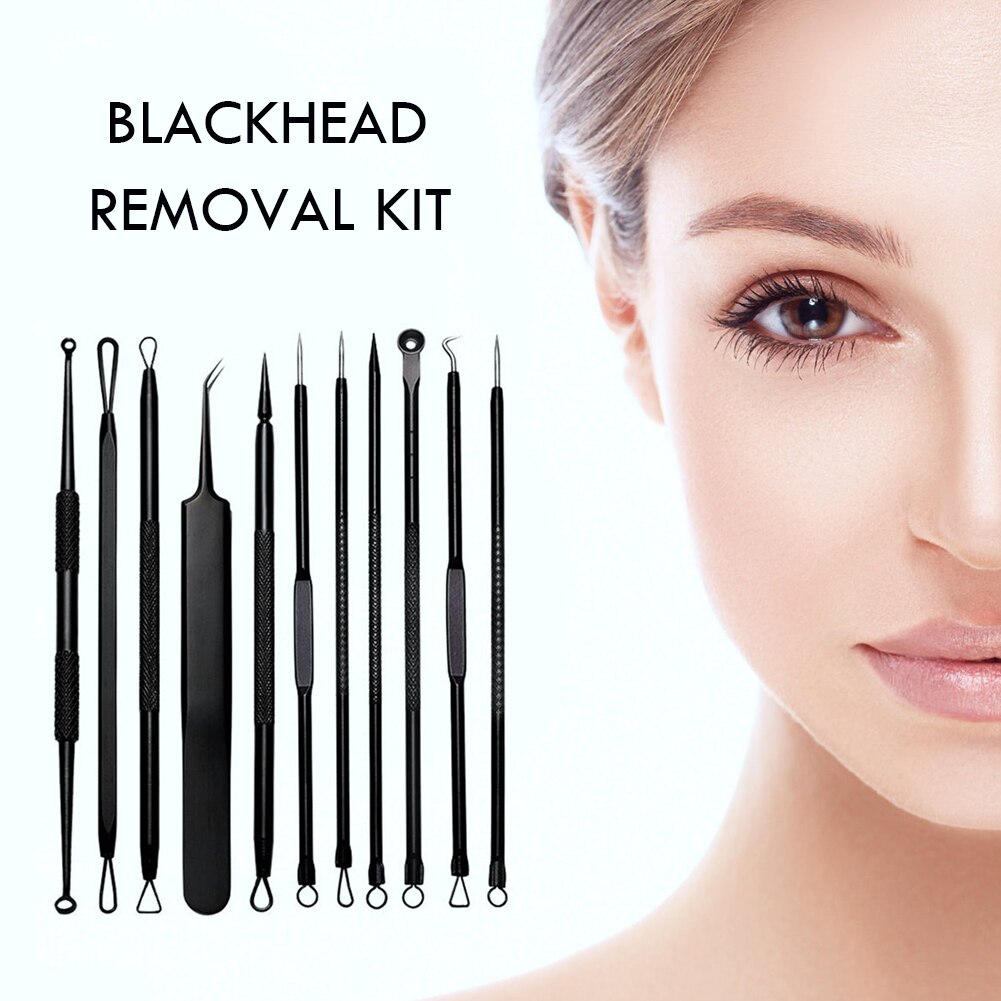 11pcs/set Acne Removal Tools Kit Blackhead Extractor Face Care Beauty Tools Black