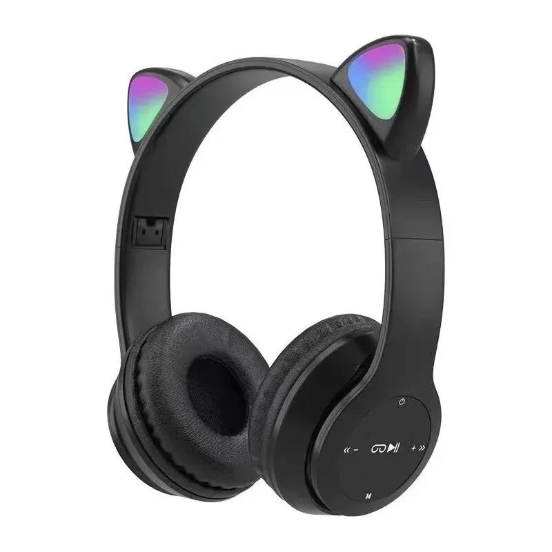 Cute Cat Ear Bluetooth Headphones with LED Wireless Headset Children Girls Stereo Folding Sports Headset with Microphone: black