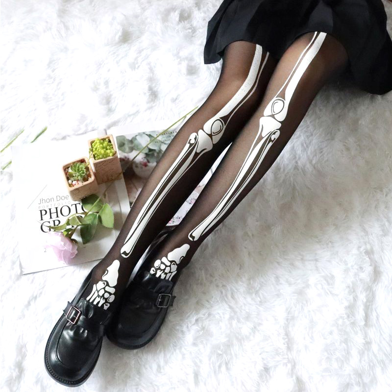 Halloween preto crânio impressão meias meias sexy mulheres meia-calça leggings para cosplay clube festa harajuku estilo acessórios