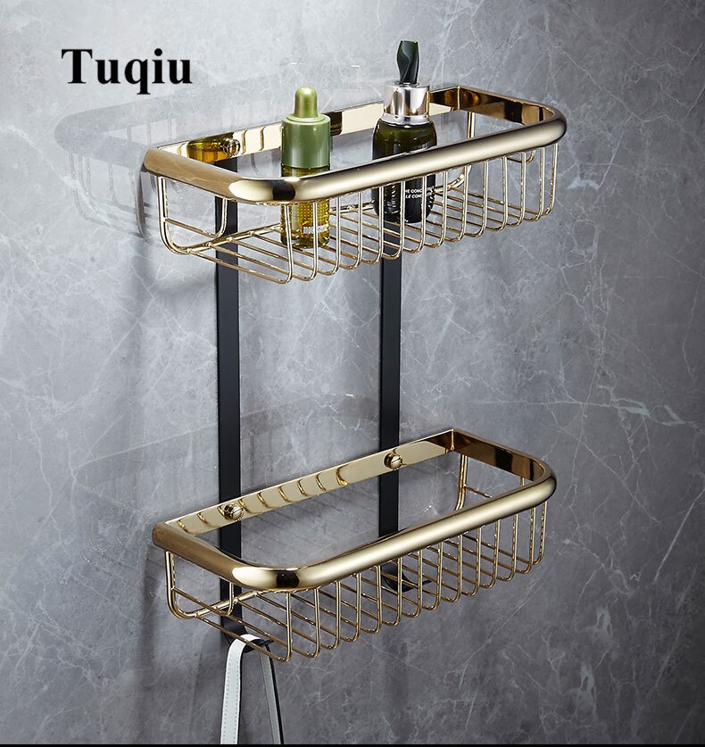 Tuqiu Badkamer Hoekplank Goud En Zwart Badkamer Planken Messing Badkamer Opslag Organizier Shampoo Houder Badkamer Houder