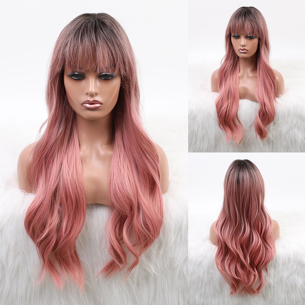 CharmSource-pelucas postizas onduladas con flequillo sintéticas para mujer, color gris, Plata largos, pelo Natural, resistente al calor: lc6018