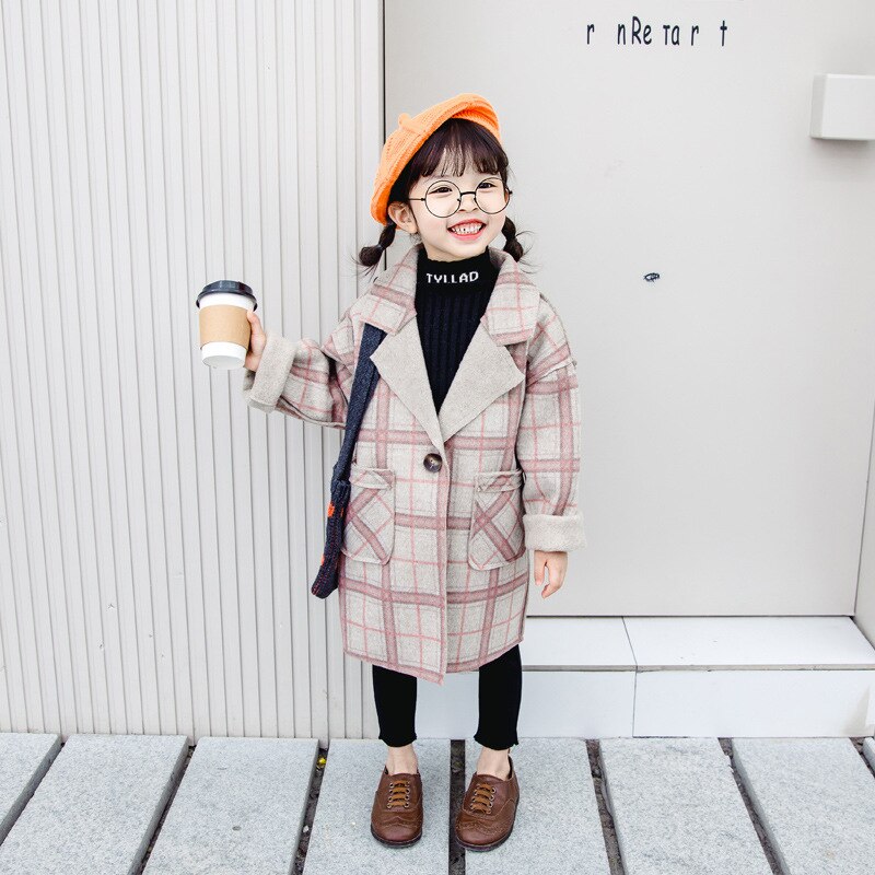 Vestiti Delle Ragazze del capretto di Lana del Cappotto di Inverno Caldo Giacca A Quadri Più Il Lungo di Spessore 2019 Bambini Vestiti di Lana Toddle Bambino della ragazza Outwear: pink / 3T