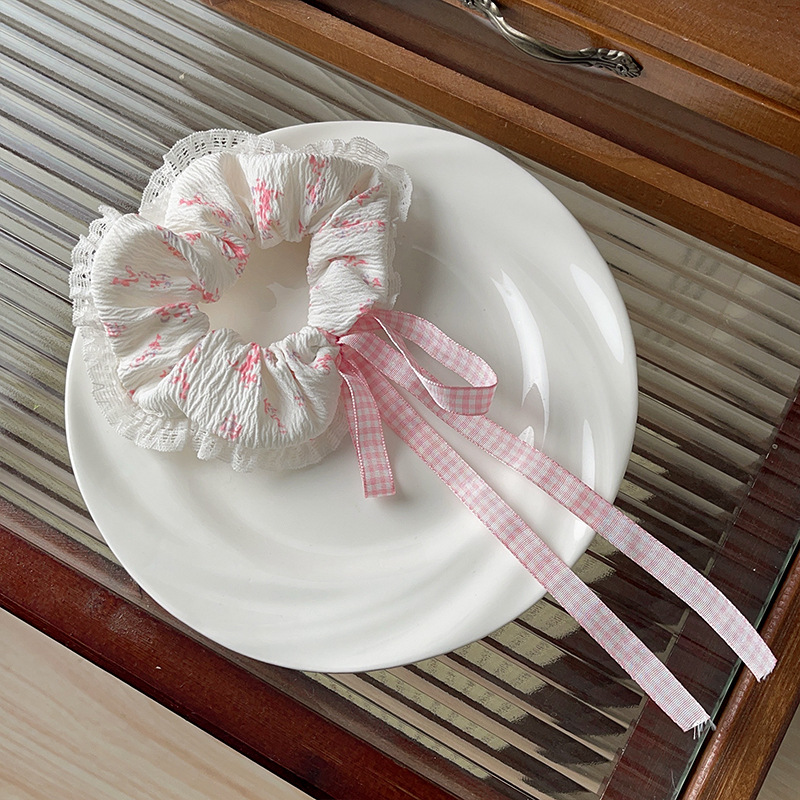 Nova primavera/verão floral grande scrunchie ballet-estilo tecido banda scrunchie renda doce de alta qualidade cabeça corda faixa de couro cabelo a: Rosa