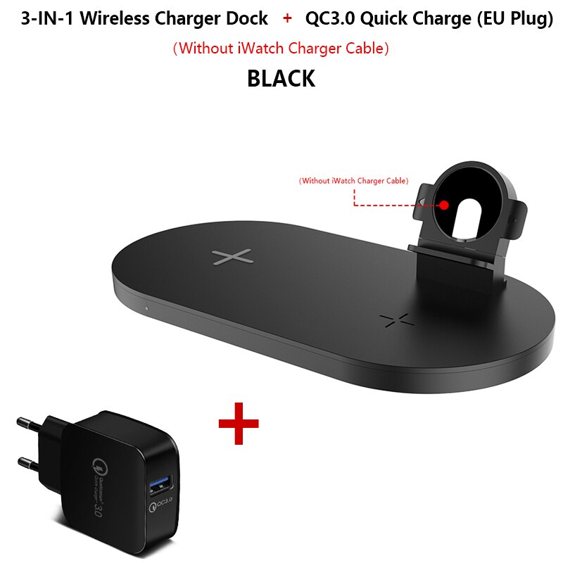 Qi Wireless Charger 3in1 15W (MAX) Fast Charging Stand Dock for Apple Watch 5 4 Airpods 2 3 Wireless Charge for iPhone Samsung: QC3.0 and Black