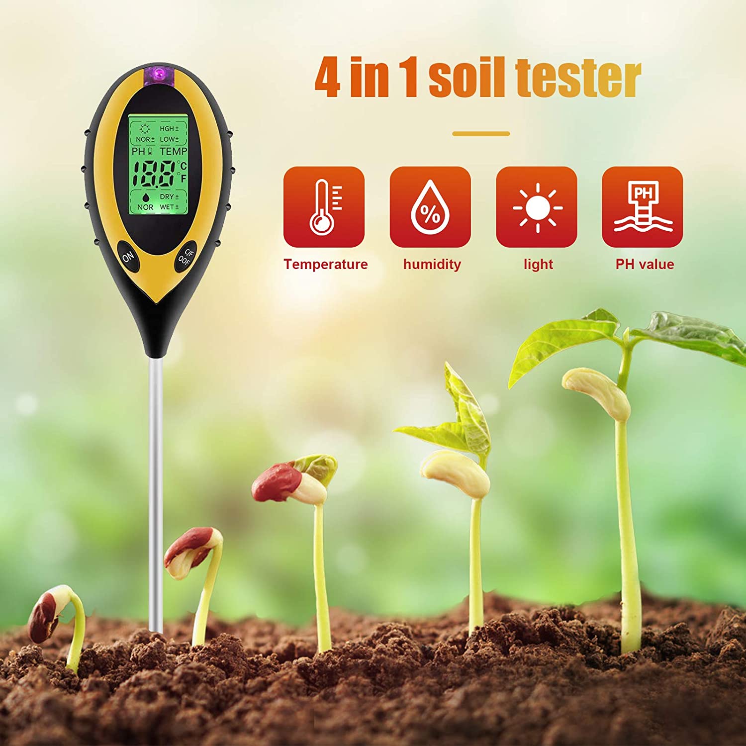 Testeur de sol 4 en 1, ph-mètre numérique, outil de mesure de la lumière du soleil, de l'humidité et de la température, pour jardin, ferme et pelouse