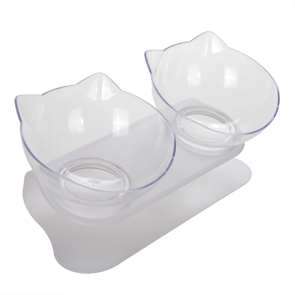 Double Cat Feeding Bowl PC Plastic Cat Shape 2 Cat feeder Container 15 Degree Tilted Pet Inclination Stand Cats Feeding Bowl: GRAY
