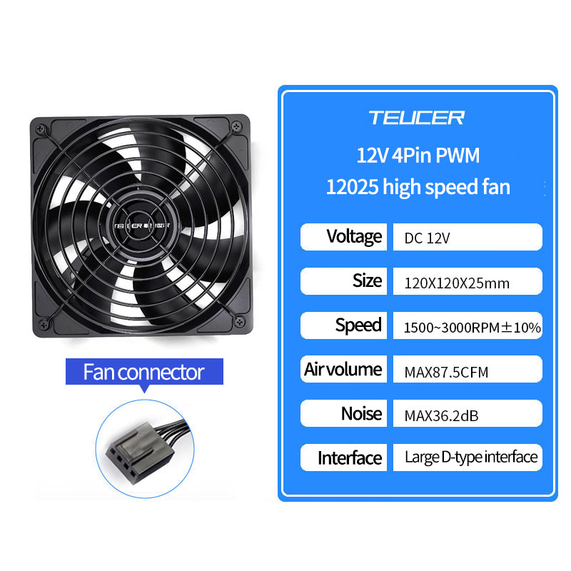 TEUCER-ventilador con caja de alta velocidad, 3000RPM, 12cm, chasis grande de 4 pines, fuente de alimentación, rodamiento hidráulico, ventilador de refrigeración líquida PWM de 12V/4 pines: Gris