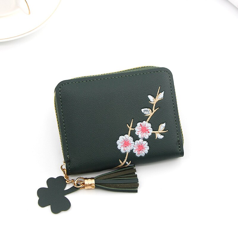 Women Wallets Ladies Flower Embroidery Tassel Short Wallet Girls Cute Zipper Purse Change ID Card Coin Pocket Card Holder: Green