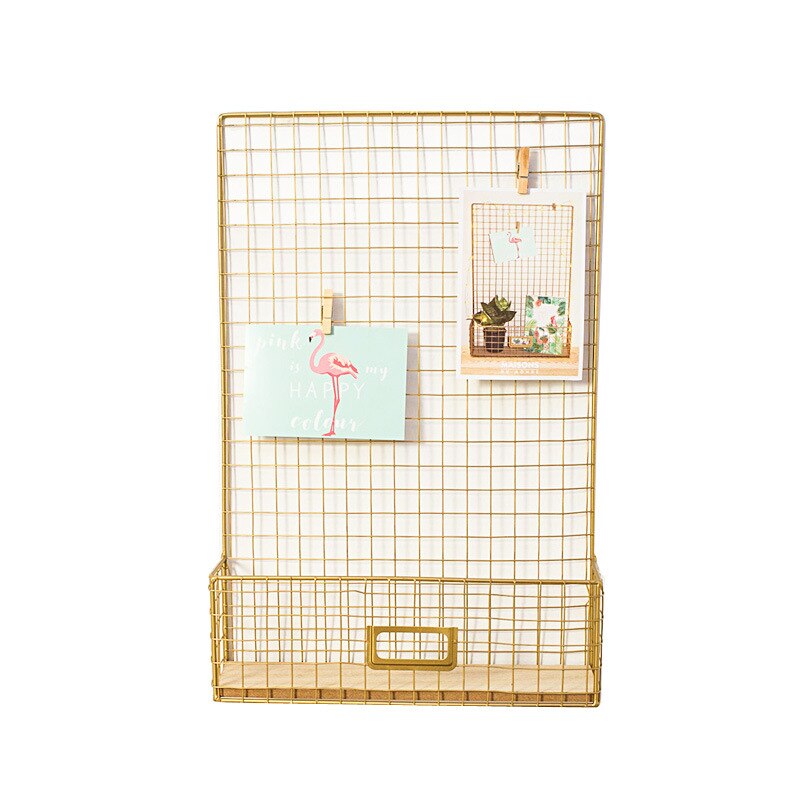 Soporte de pared rejilla de hierro decoración de pared de fotos Color dorado pared colgante malla Panel de visualización arte de pared Memo tablero Estante de almacenamiento de fotos: Dorado