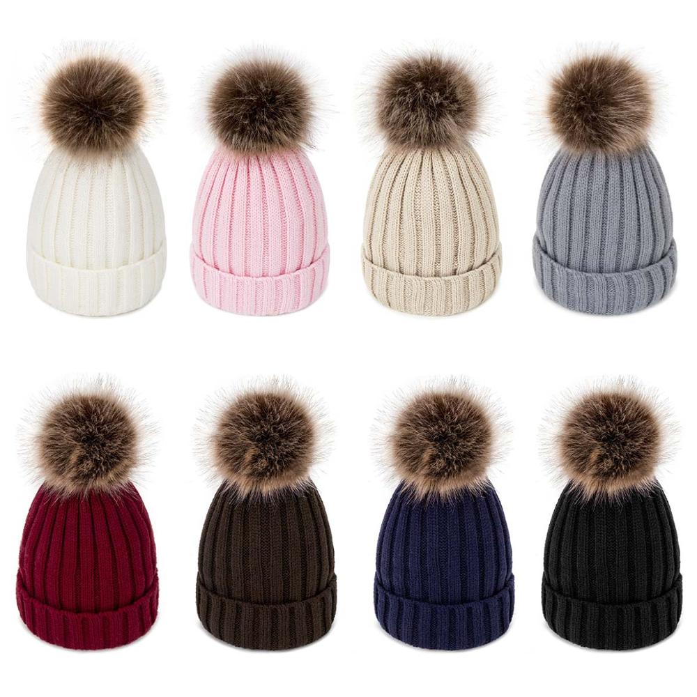 Evrfelan Bommel Wolle Winter Hütte Frauen Gestrickte Dicke Mütze Hüte für Damen Warme Schädeldecke Beanies Mädchen Motorhaube Gorro