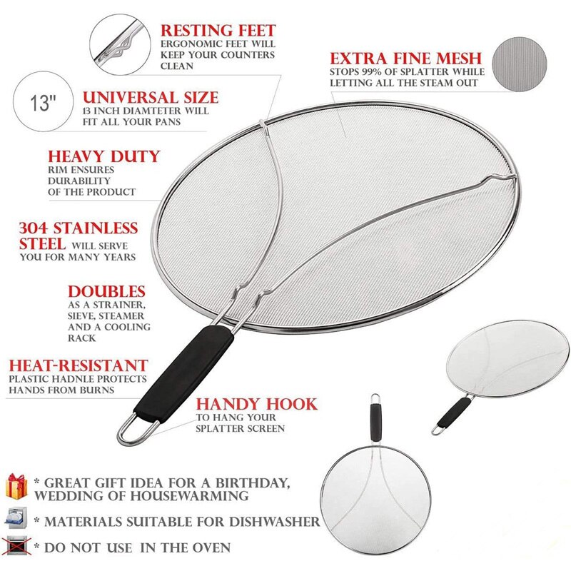 Grease Splatter Guard Splatter Screen for Frying Pan Stainless Steel Mesh Kitchen Oil Splash Protect Cover Iron Skillet Lid