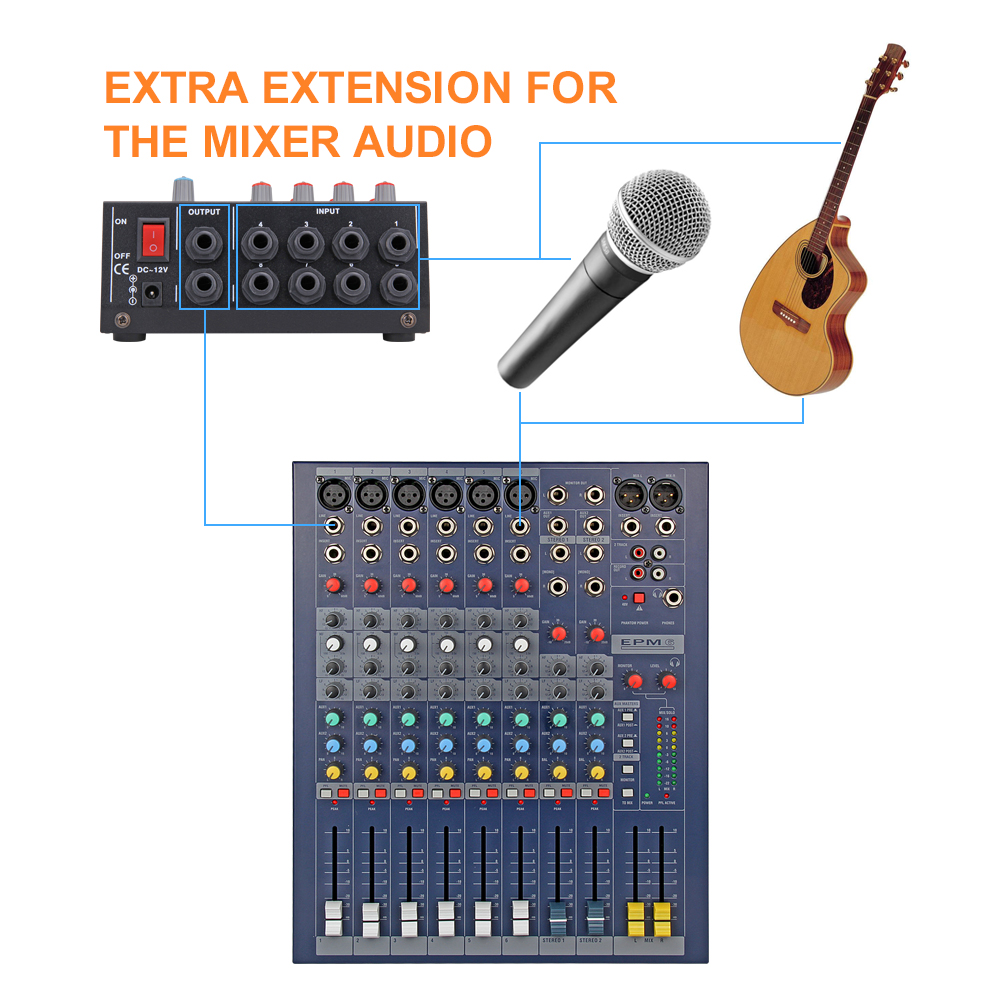 DM-208E Mini Audio Mixer Draagbare Schakelbare Stereo 4 & Mono 8 Kanalen Microfoon dj controller voor Karaoke Party