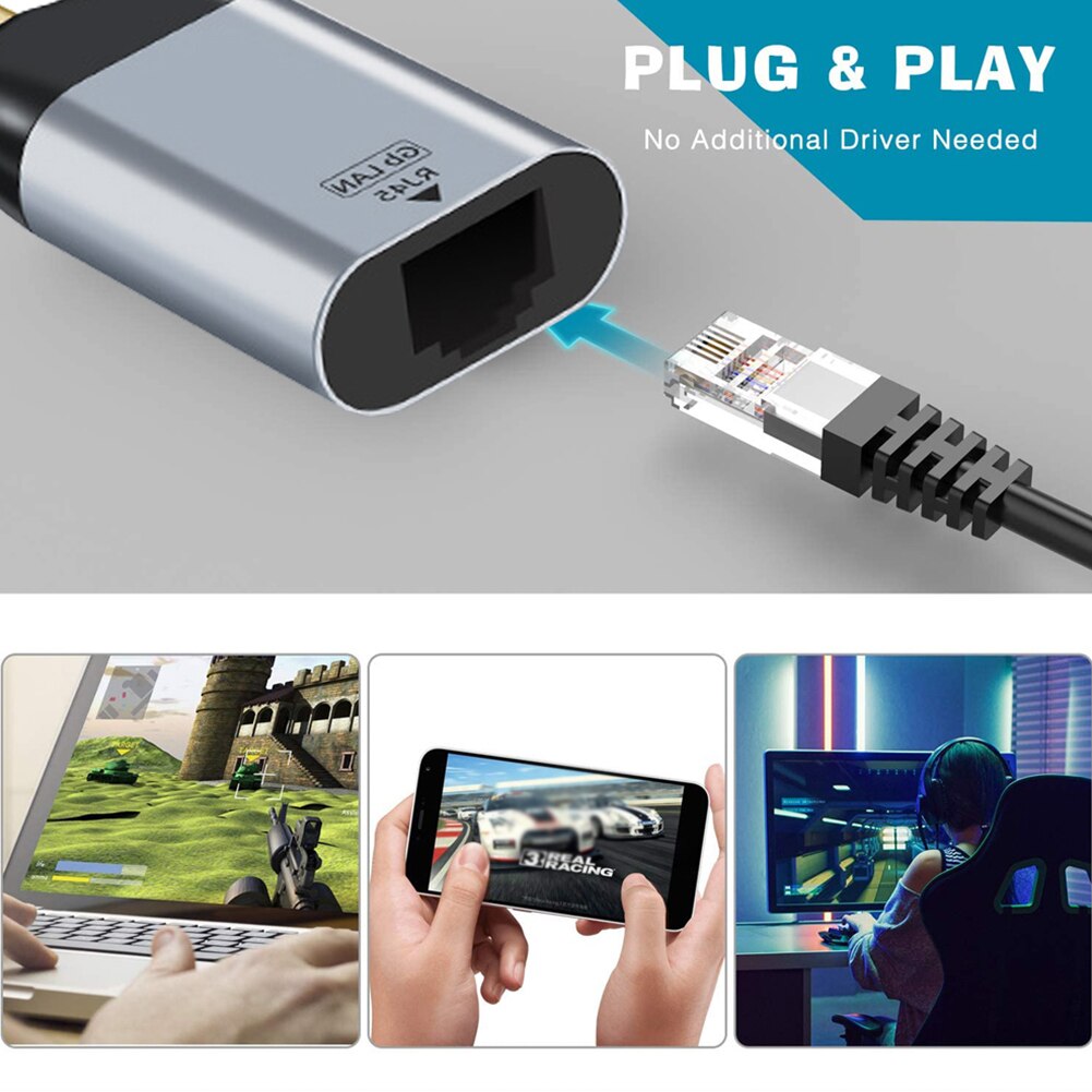 Grey Network Hub 1-Gigabit Aluminum Alloy Plug And Play Computers Travel Accessories USB C To Ethernet Adapter For Thunderbolt 3