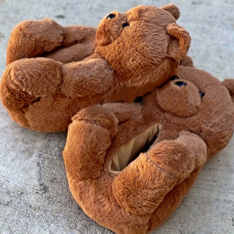 Kvinder sød bjørn plys tøfler tegneserie sød bjørn hus tøfler vinter varm furry faux fur slides kvinde furry flip flop sko