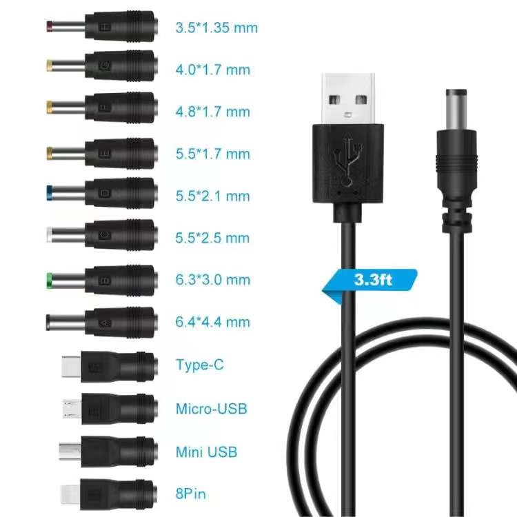 Universal DC 5V Power Cable USB to DC Plug Charging Cord with 12 Connectors Adapter for Router Light Speaker