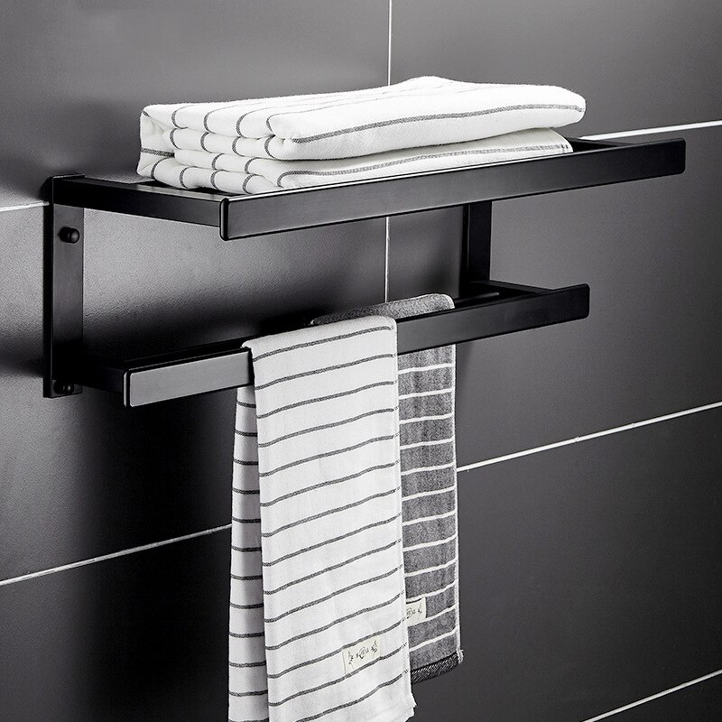 Sort aluminiumslegering badeværelse tilbehør sæt toiletpapir holder håndklæde hylde børste rack sæbe fad opbevaring brusebad krog
