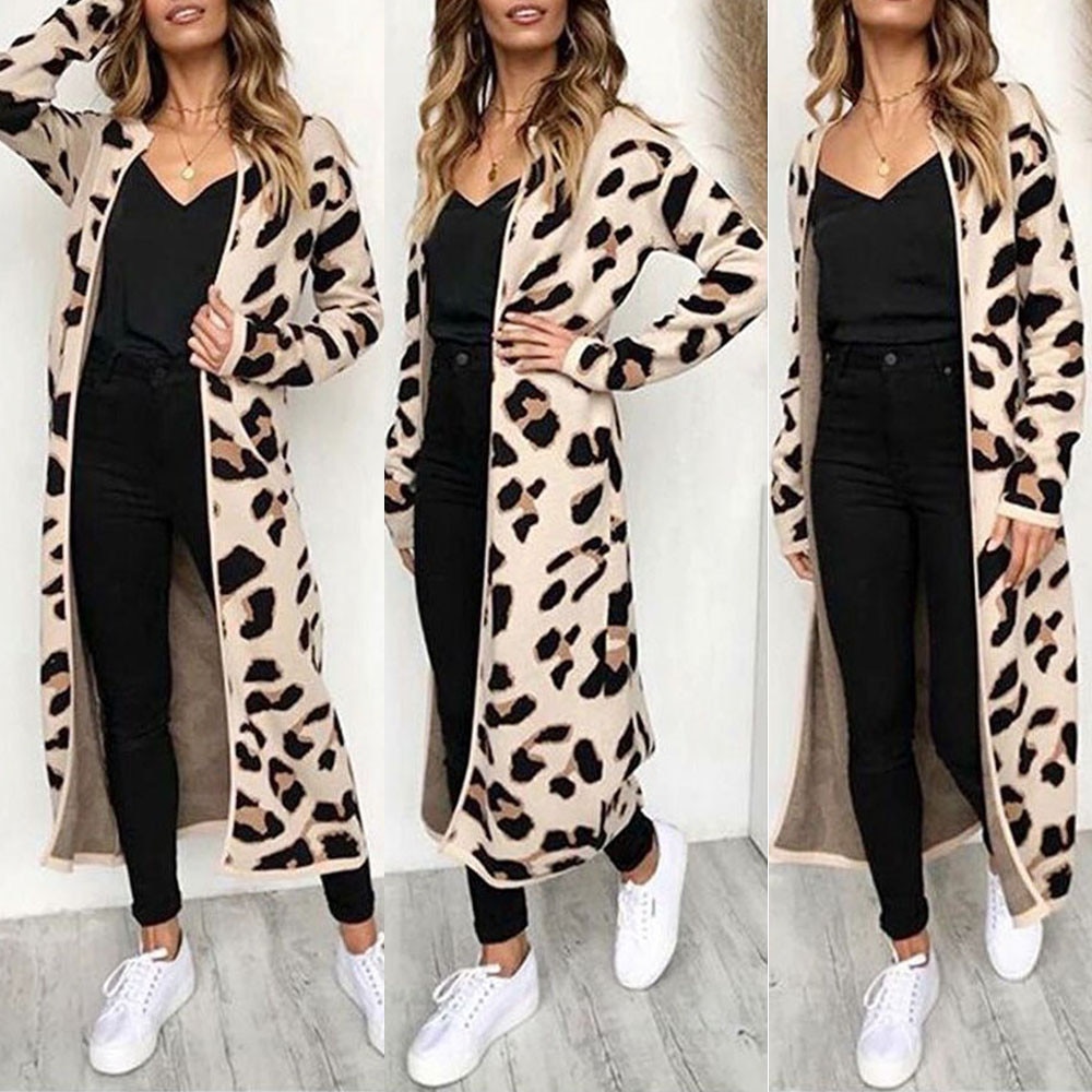Cárdigan de manga larga con estampado de leopardo para mujer, Chaqueta abierta por delante, abrigo fino, ropa de otoño