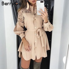 Berrygo Lace Vrouwen Shirt Jurken Pure Mesh Borduren Lange Mouw Knop Kantoor Dames Jurken Solid Sjerpen Zomer Mini Jurk