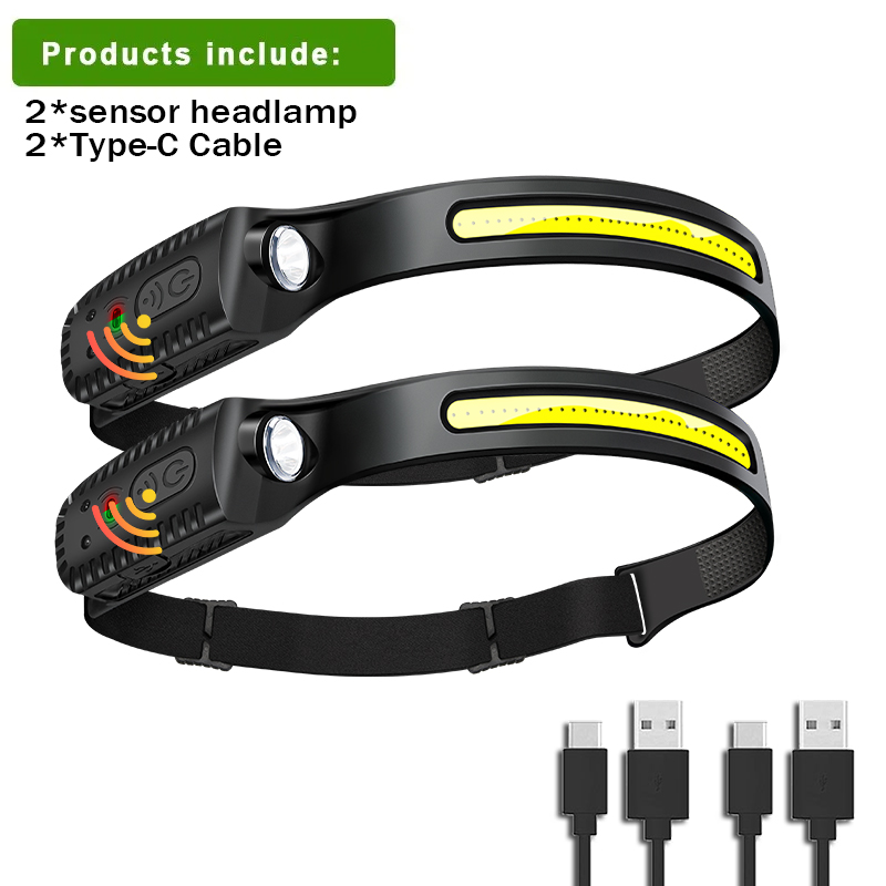 USB wiederaufladbare Stirnlampe, Induktionsscheinwerfer, COB-LED-Sensor, Stirnlampe, eingebauter Akku, Taschenlampe, 5 Beleuchtungsmodi, Scheinwerfer: veränderbar