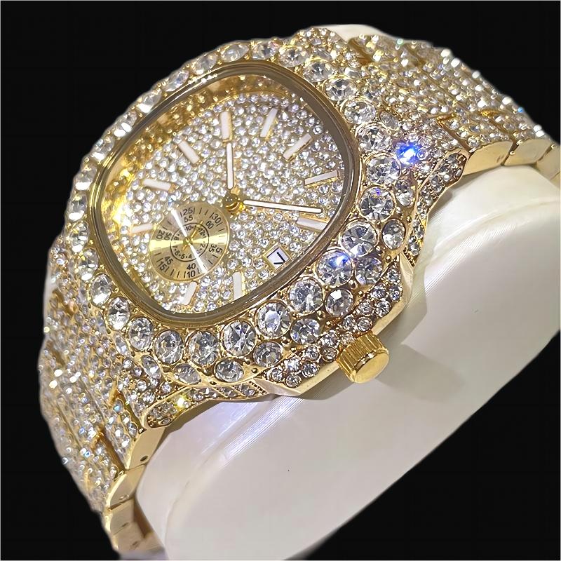 Lyxig iced klocka herrklocka i rostfritt stål guld armbandsur hiphop diamant bling smyckesklocka för män reloj hombre