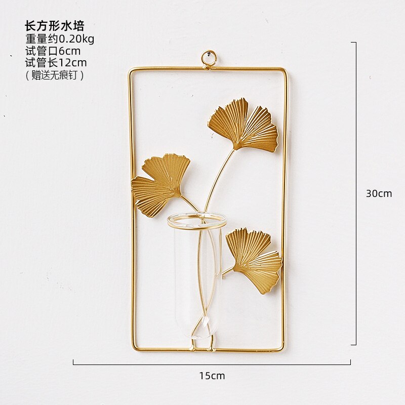 Metal Wall Vase Cylinder Flower Pot Gold Frame Wall Vase For Artificial Flower Glass Vase Wall Mount Flower Vase Home Wall Decor: Rectangle