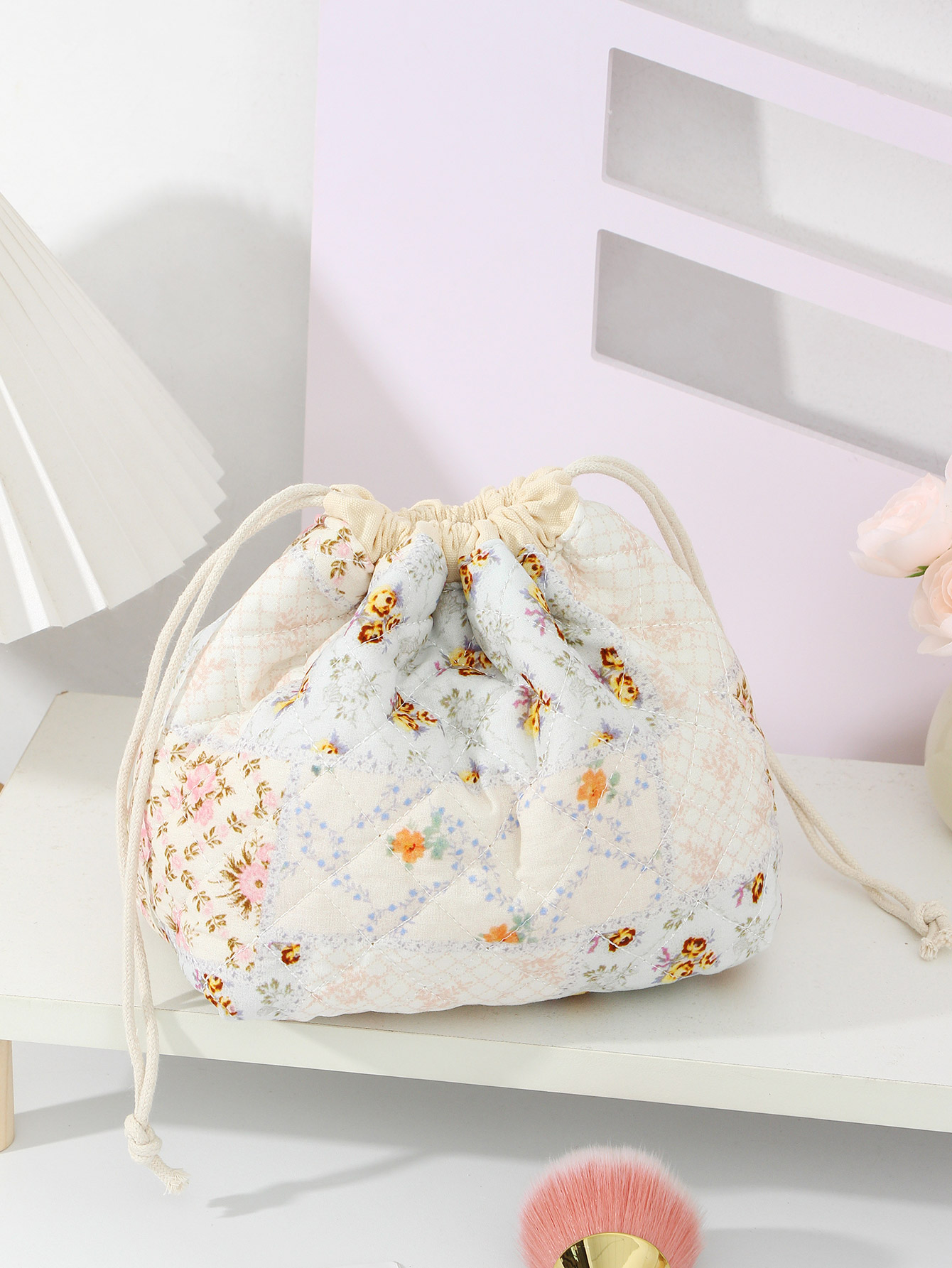 1-delige make-uptas met bloemenkoord en trekkoord, make-uptas voor badkamertoiletartikelen, essentiële make-uptas voor op reis: Sky Blue