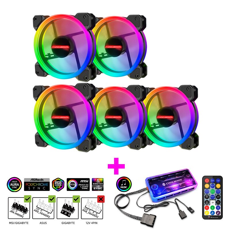 PC Desktop Computer Case Fan 120 mm Cooling Cooler Adjustable RGB Led 12V Mute Ventilador DC ARGB Fans Adjust Speed Aura Sync: 5IN1 music