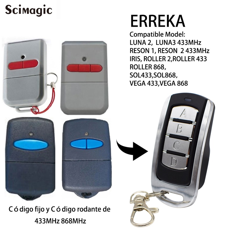 mando garaje ERREKA mando garaje universal 433.92MHz 868MHz ERREKA LUNA 2,LUNA3, RESON 1, RESON 2,IRIS, ROLLER 2,ROLLER 433 Código fijo y código variable 433.92MHz mando garaje rolling code fixed code estilo