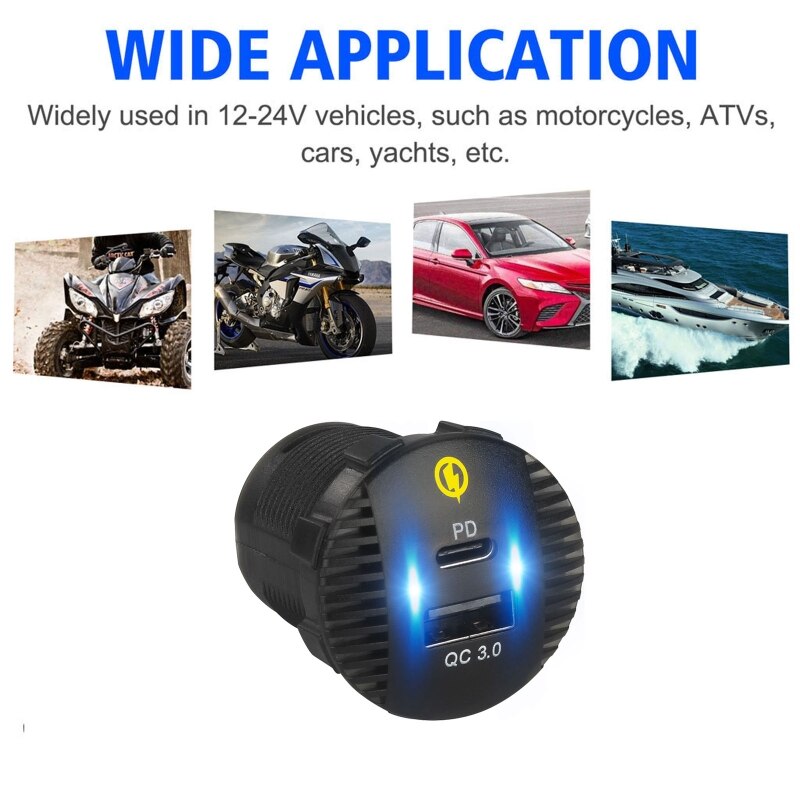 Adaptador de cargador rápido para coche, dispositivo resistente al agua, 12V, 24V, QC3.0, USB, 18W, tipo C, PD, para SUV, coche, barco, camión, tableta marina, teléfono móvil, GPS